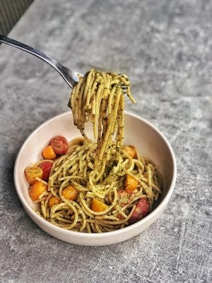 Creamy Herby Hummus Spaghetti with Roasted Cherry Tomatoes